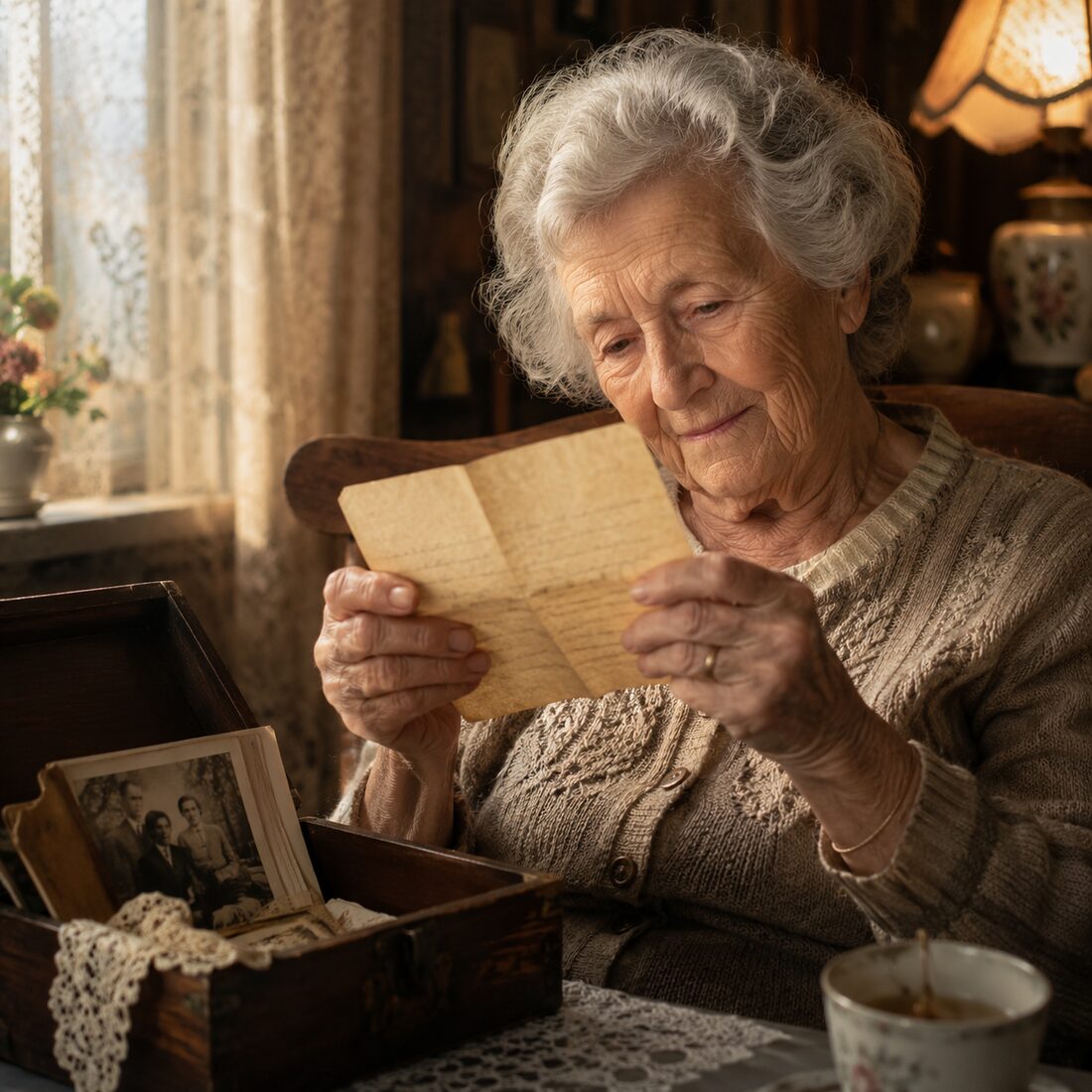 An elderly woman in a sunlit room, reading a small folded letter, with a wooden box of old photographs beside her.