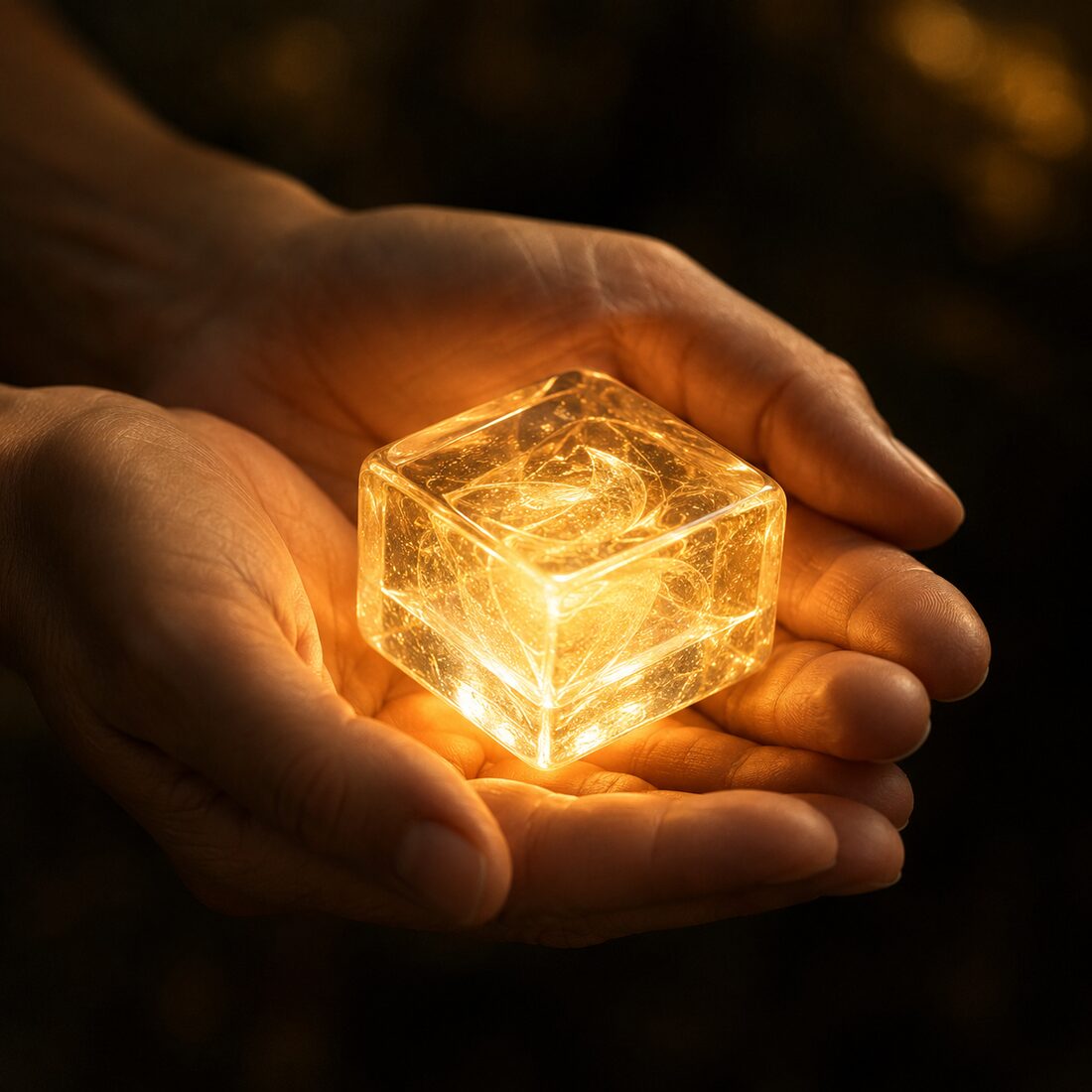 A pair of cupped hands cradling a small translucent cube that glows from within with warm golden light.