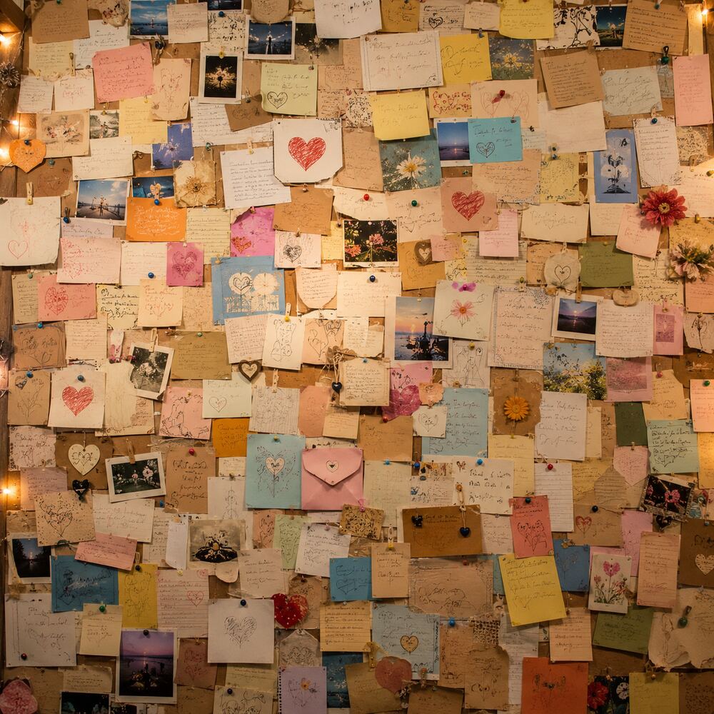 A densely layered wall of handwritten notes, polaroids, postcards, pressed flowers and small drawn hearts, pinned and tacked across every inch of the surface, lit by small warm bulbs.