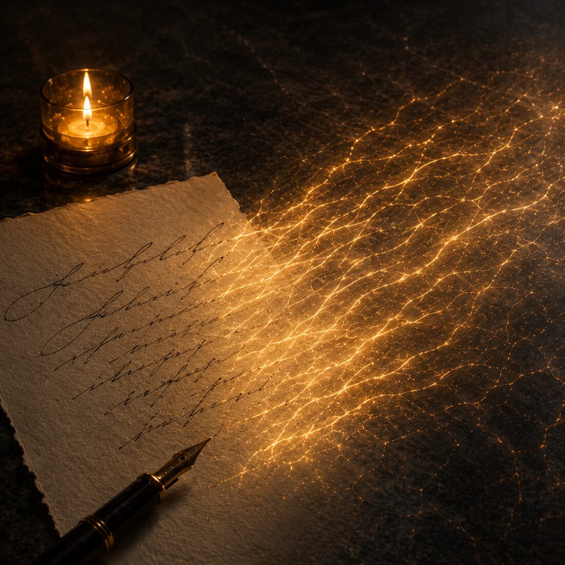 A handwritten letter beside a fountain pen and a small lit candle, with golden light streaming out across the desk in a fine luminous network.