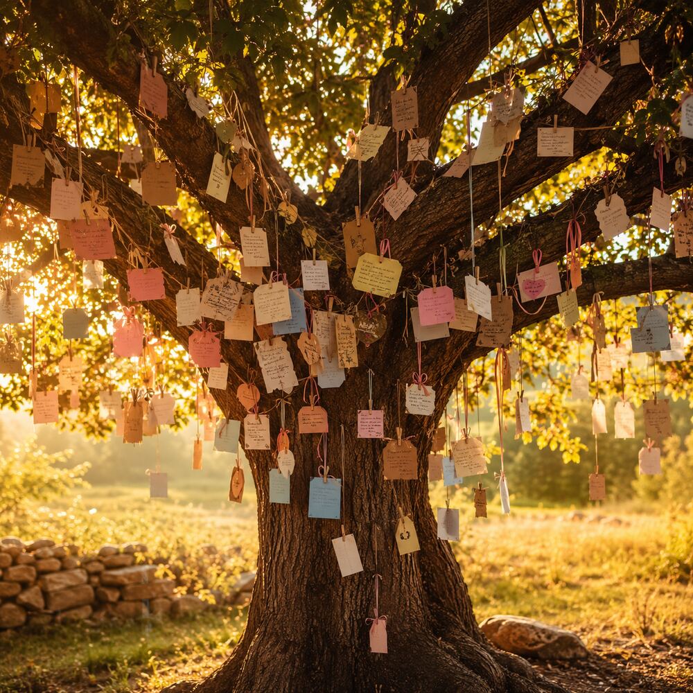 A wide-canopied tree in late golden light, with many small handwritten paper notes hanging from its branches on coloured ribbons.